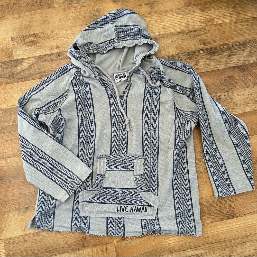Hawaiian Hoodie Pullover Blue and Gray Striped Baja Style